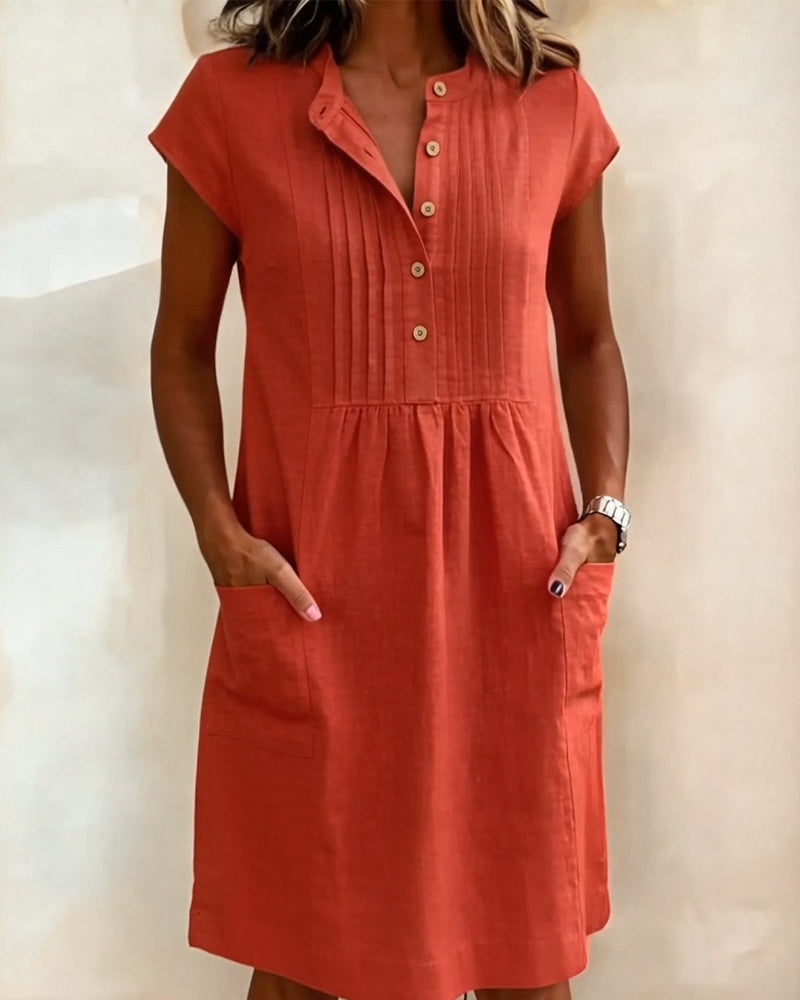 Cotton And Linen Stand Collar Short Sleeve Dress