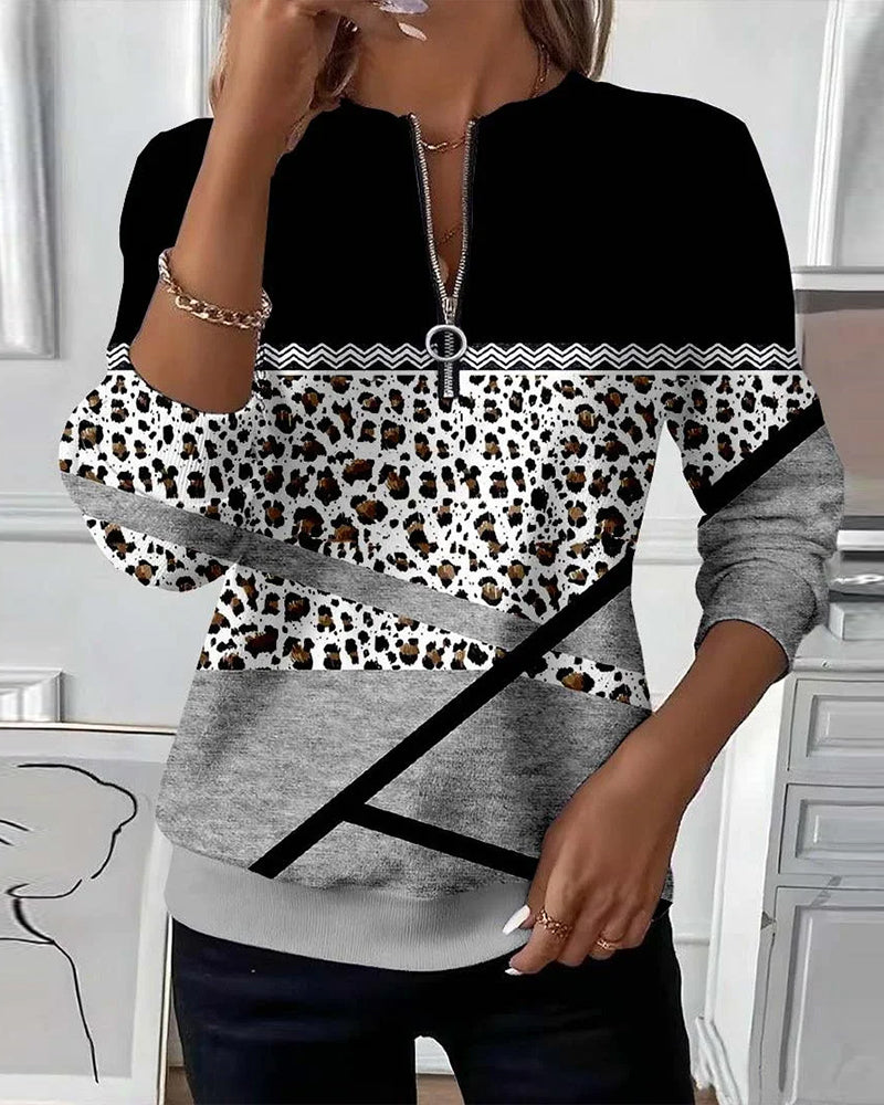 Zipper Collar Printed Sweatshirt
