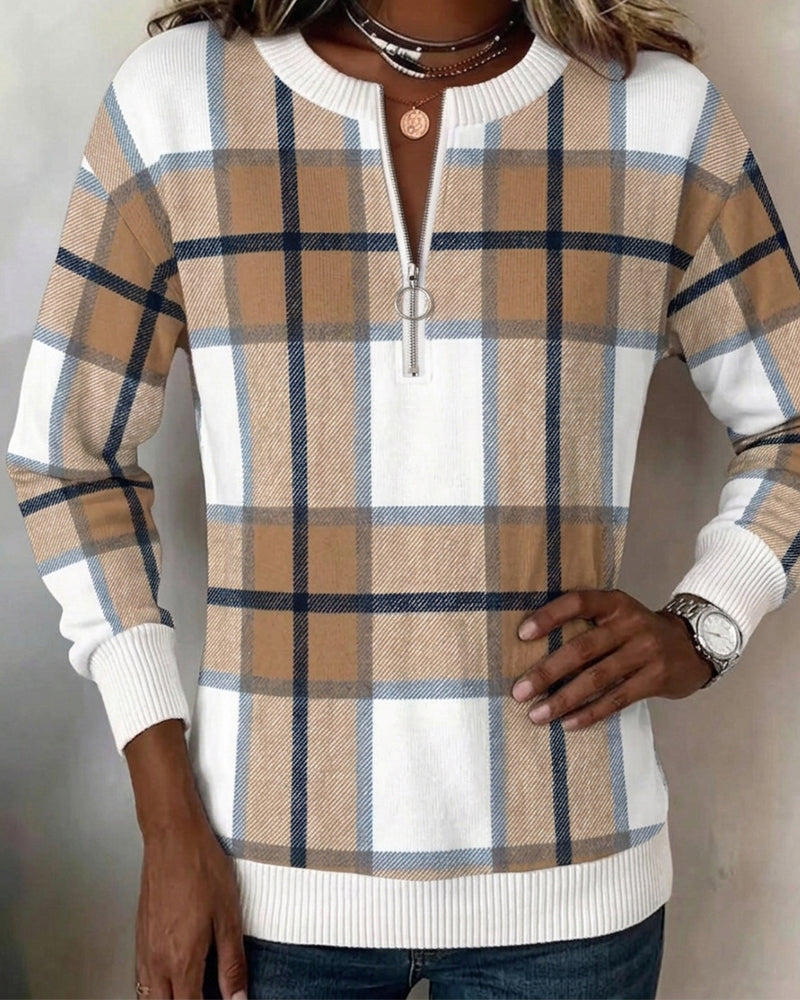 Plaid Half-Zip Crewneck Pullover Sweatshirt
