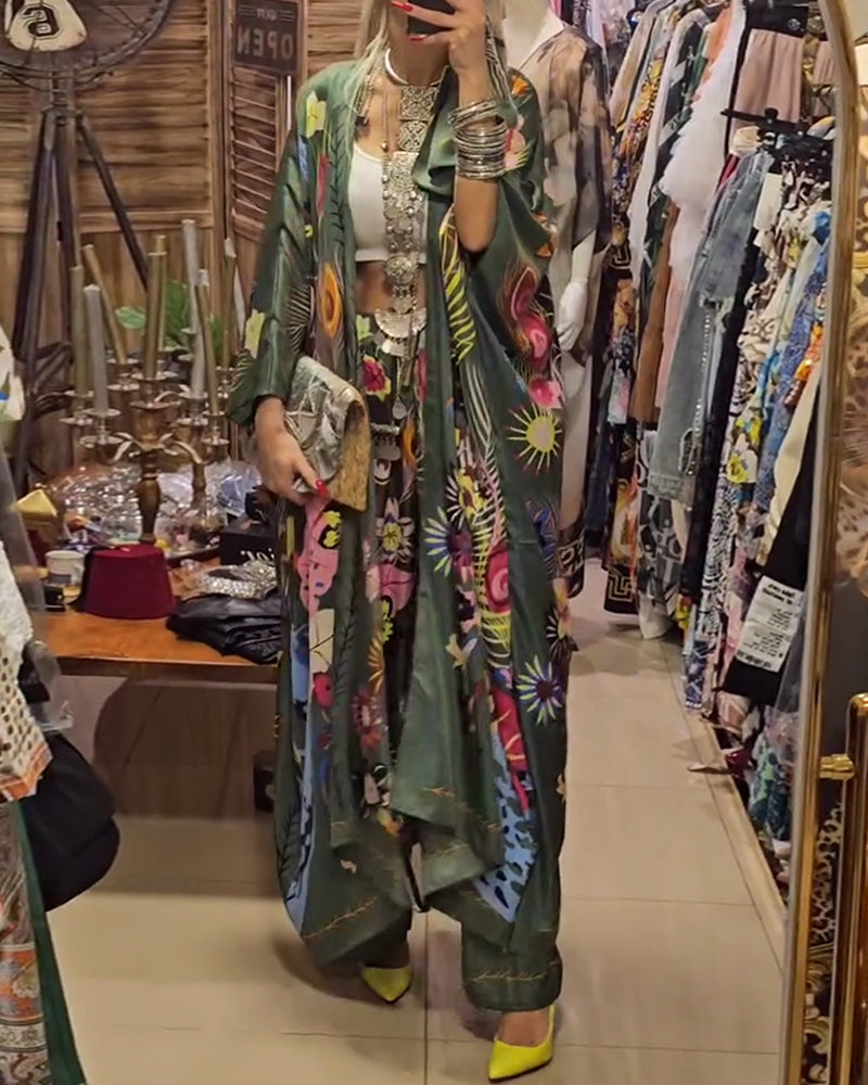 Kimono print casual two-piece set