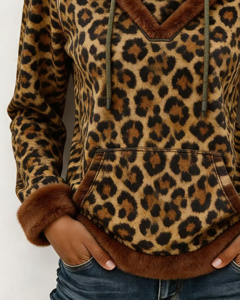 Leopard Print Hooded Drawstring Sweatshirt