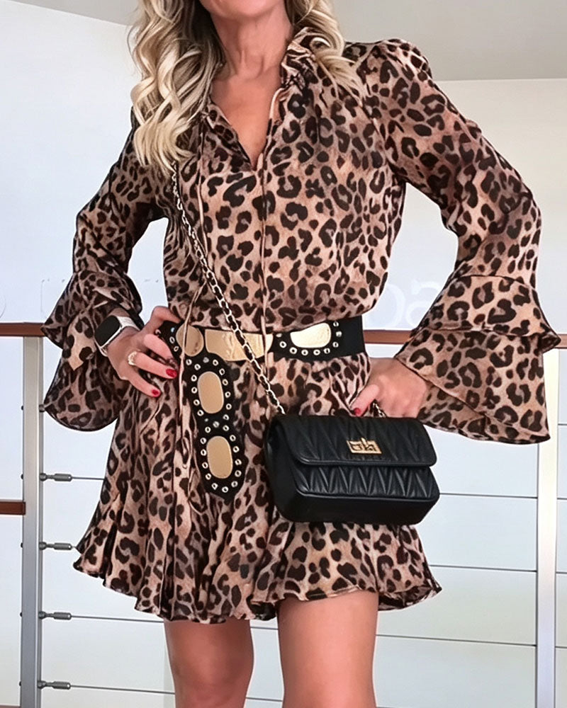 V-Neck Leopard Print Lace-Up Short Dress