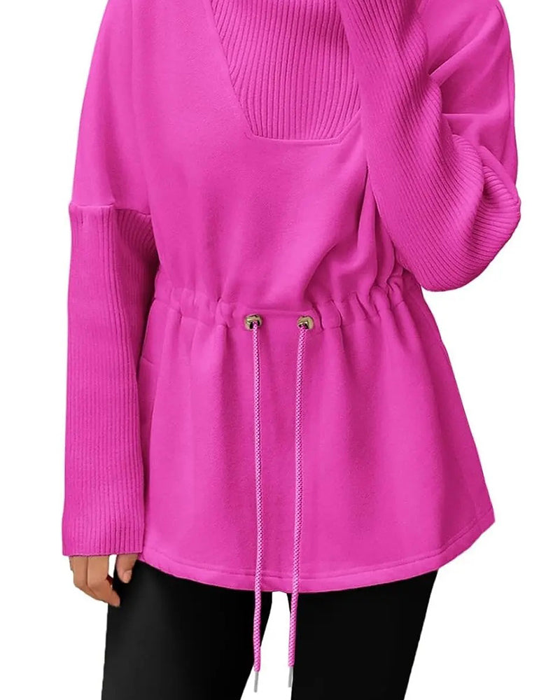 High Collar Long Sleeve Waist Drawstring Sweatshirt