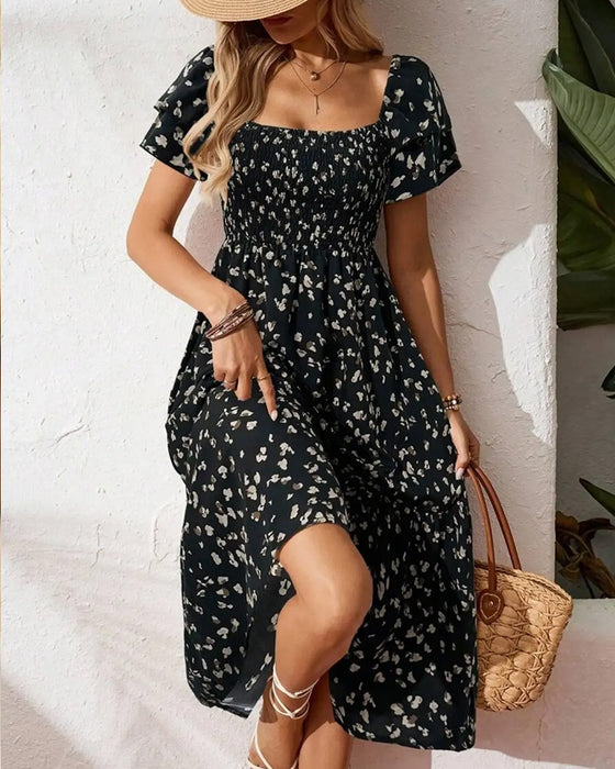 Flutter Sleeve Waist-Cinching Pleated A-Line Dress