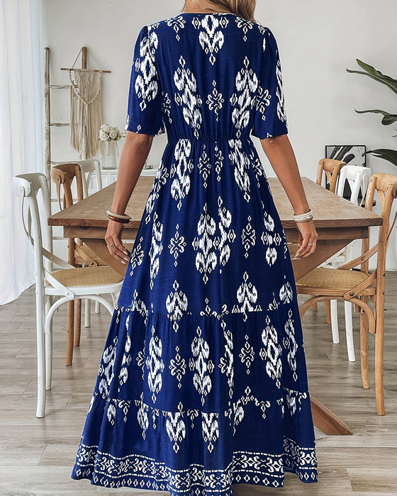 V-Neck Print Full Skirt High Waist Dress