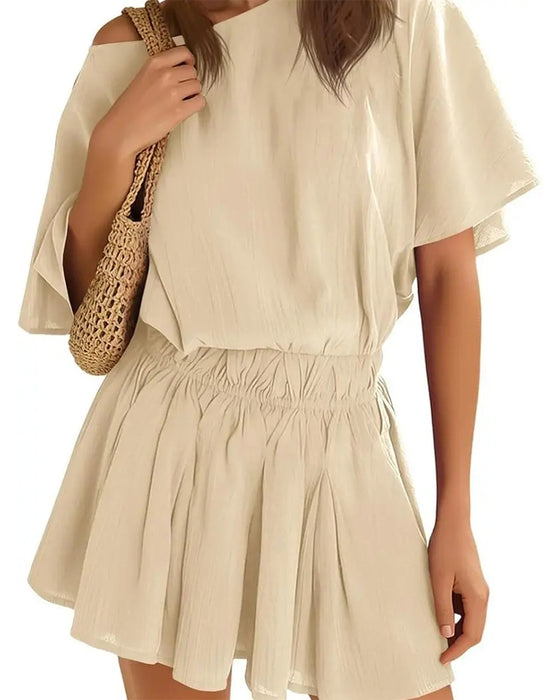 Slant Collar Ruffle Sleeve Pleated Set