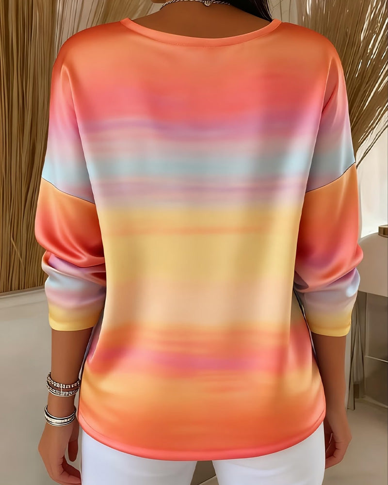 Rainbow Ombre Horizontal Stripe V-Neck Sweatshirt