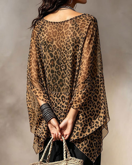 V-Neck Leopard Irregular Blouse