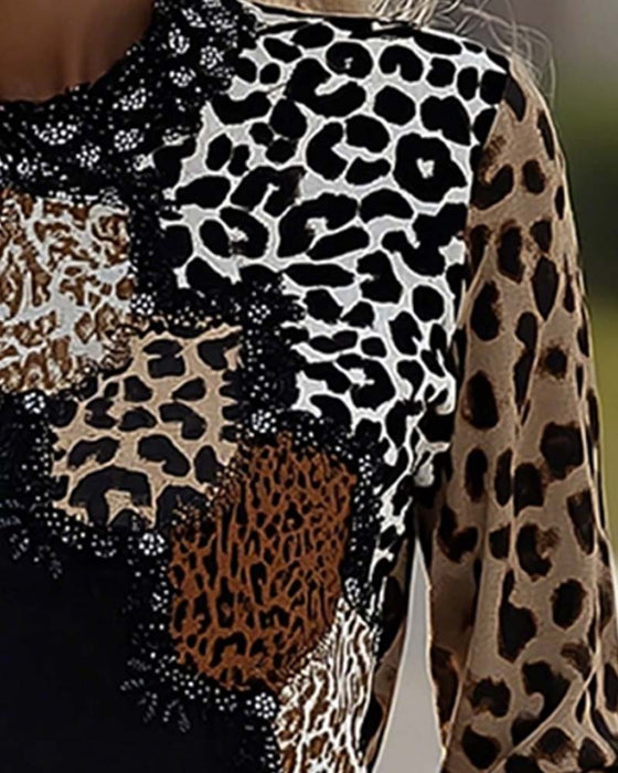 Long Sleeve Leopard Patchwork Casual Top