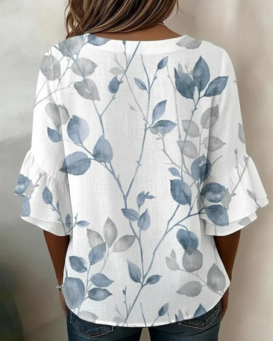 Flutter Flare Sleeve Leaf Print Blouse