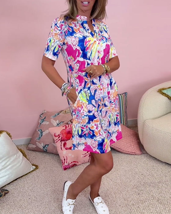 Stylish floral print pocket short sleeve dress