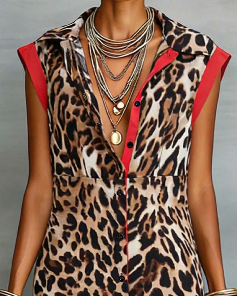 Lapel Leopard Print Contrast Maxi Dress