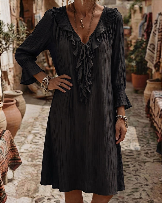 Ruffle Collar Tie Three Quarter Sleeve Dress
