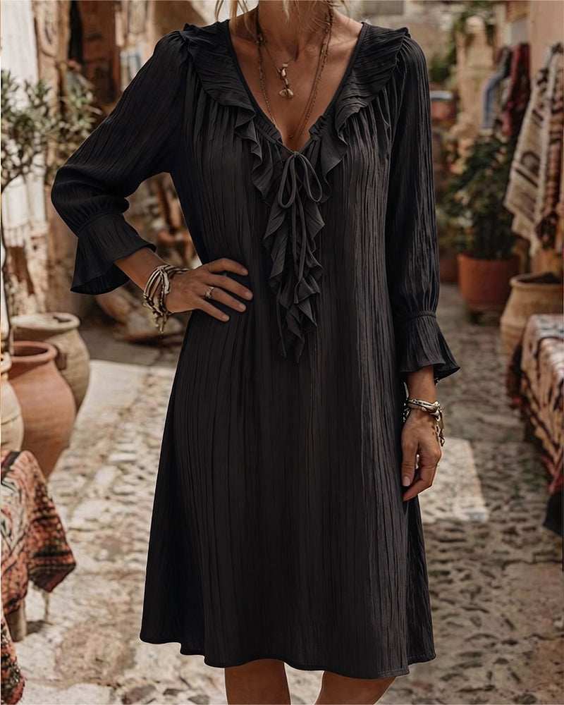Ruffle Collar Tie Three Quarter Sleeve Dress