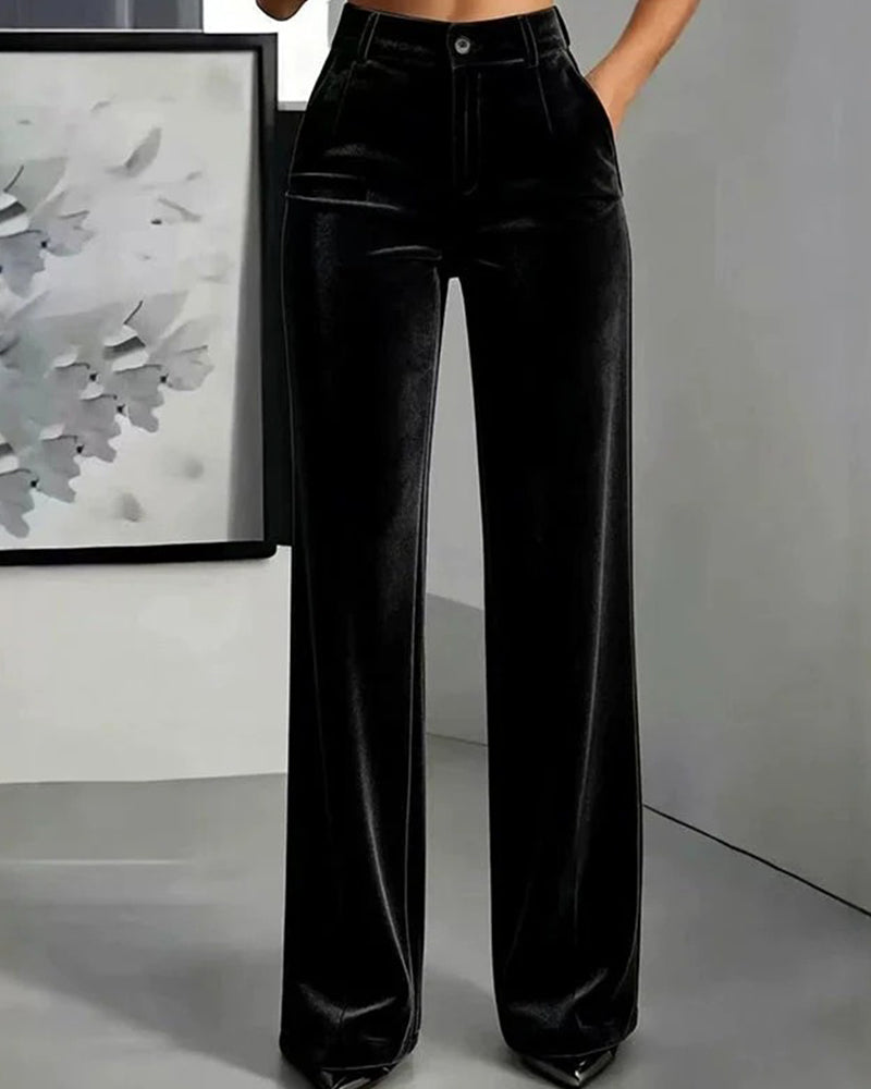 Solid Color Velvet Pocket Long Pants