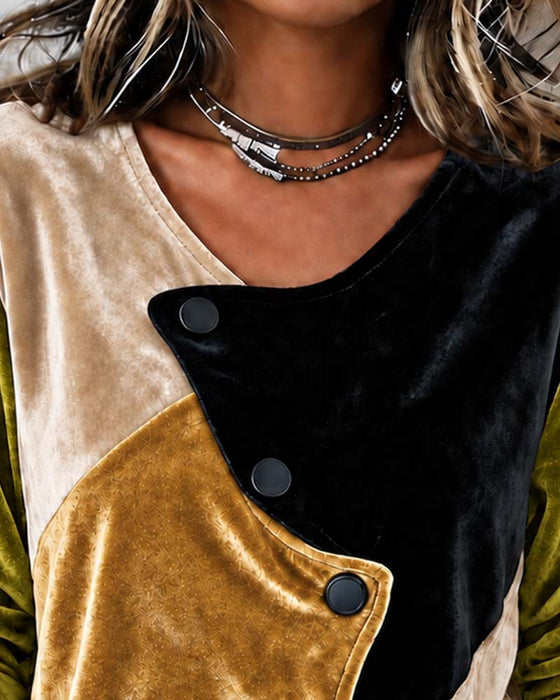 Color Block Velvet Bias-Button Coat