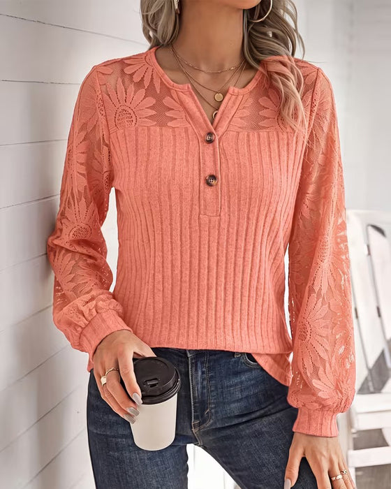 V-Neck Ribbed Lace Button Long-Sleeved Top