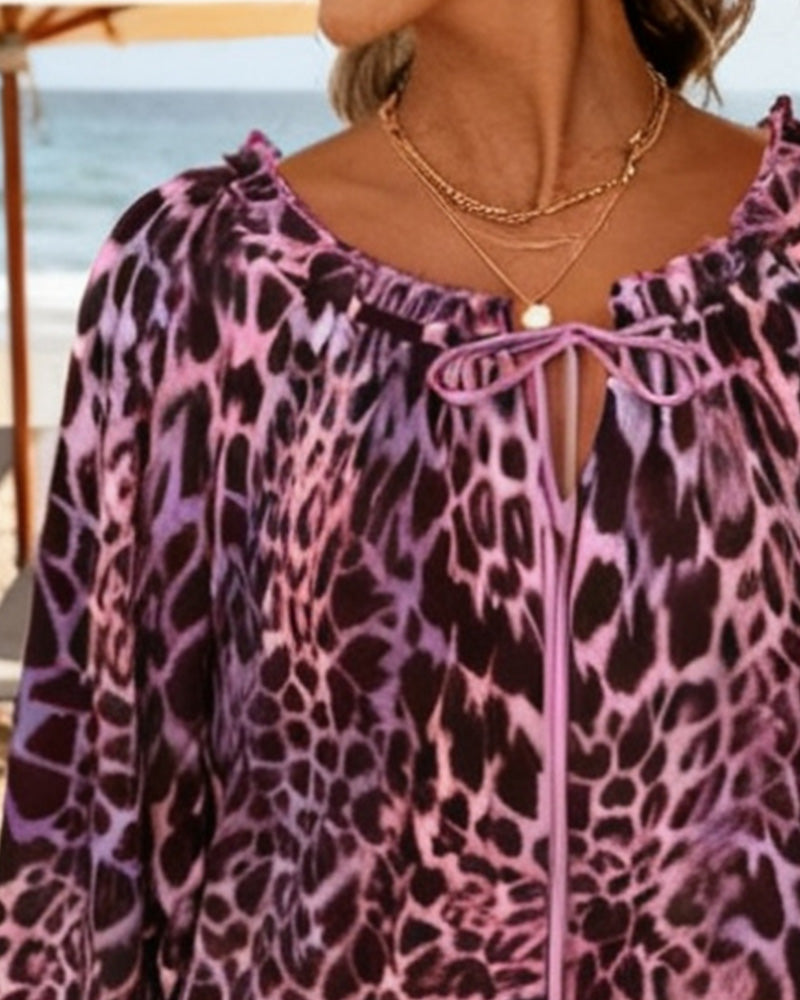 Lantern Sleeve Tie Leopard Print Blouse
