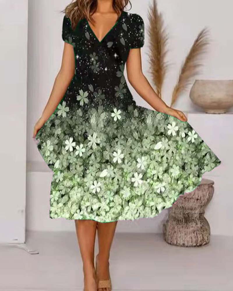 Short-Sleeved V-Neck Floral Dress