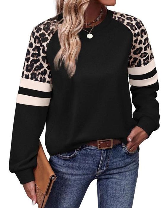 Long Sleeve Crew Neck Leopard Striped Sweatshirt