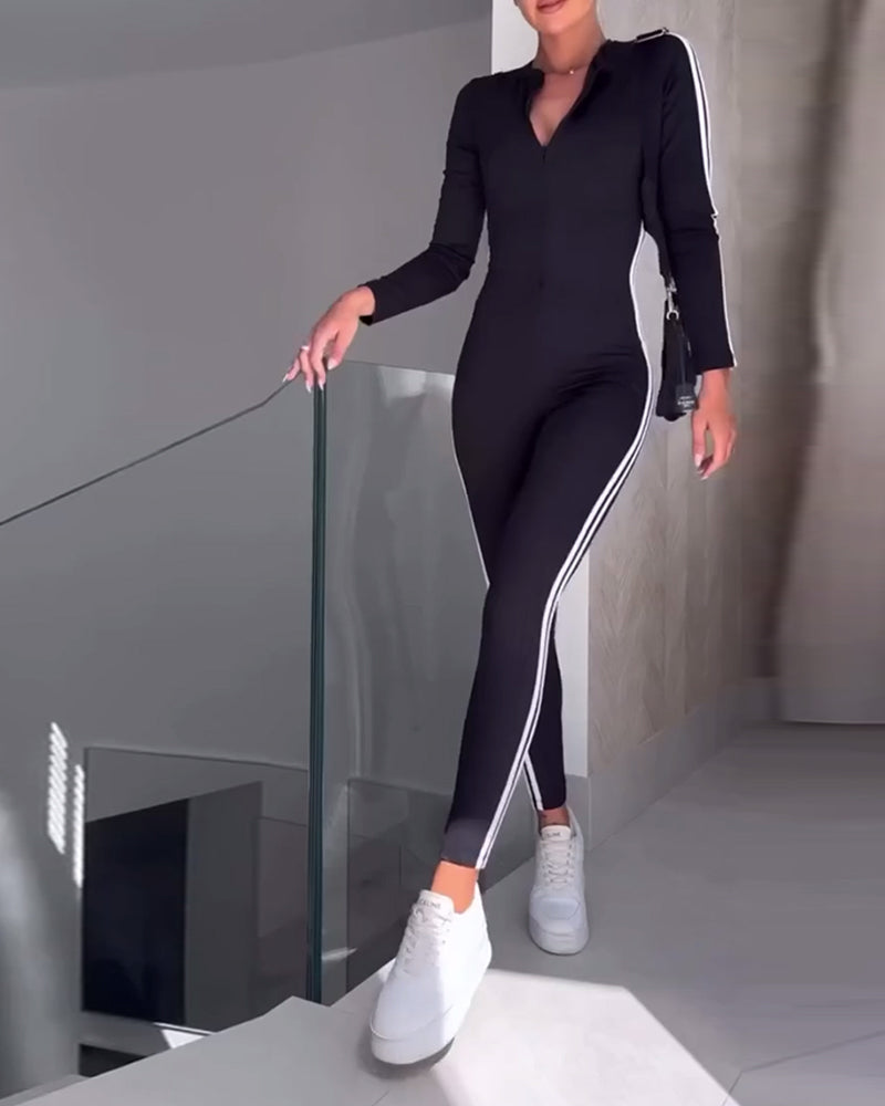Casual sports striped tights and slimming jumpsuit