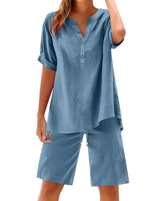 Henley Neck Short Sleeve And Drawstring Five-Point Wide Leg Pants Two-Piece Set