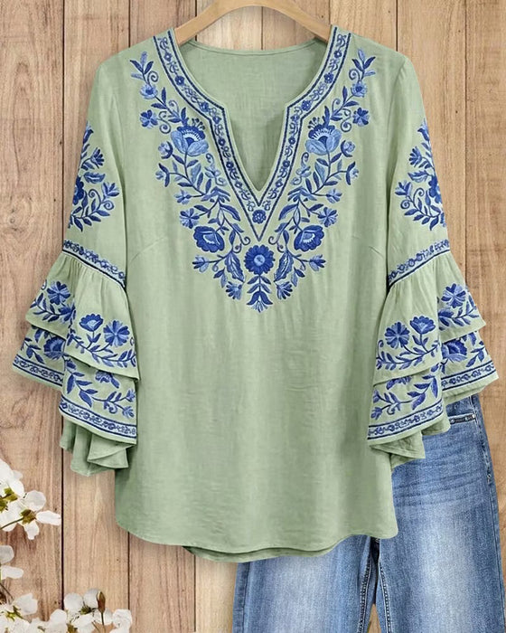 V-Neck Two-Tier Ruffle Bell Sleeve Blouse
