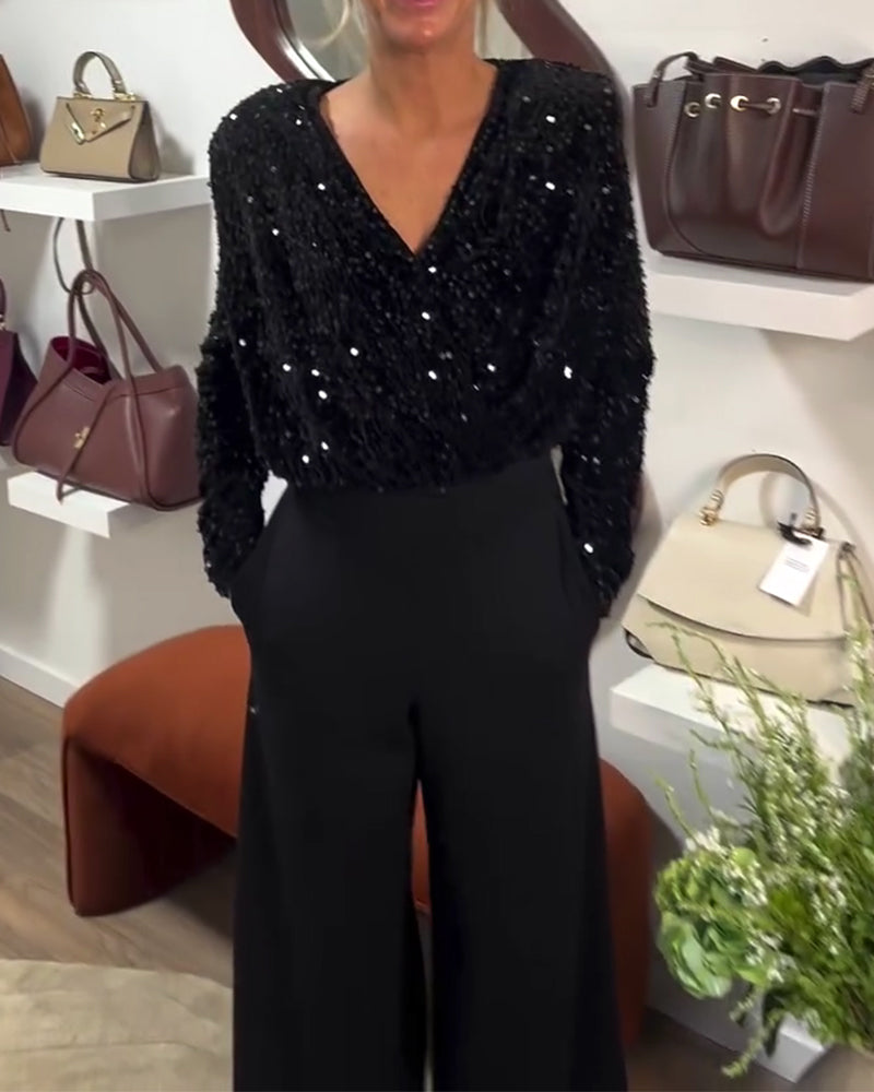 Fashionable Sequined Padded Shoulder Top