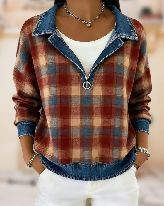 Women'S Casual Lapel Denim Patchwork Plaid Print Pullover Sweatshirt