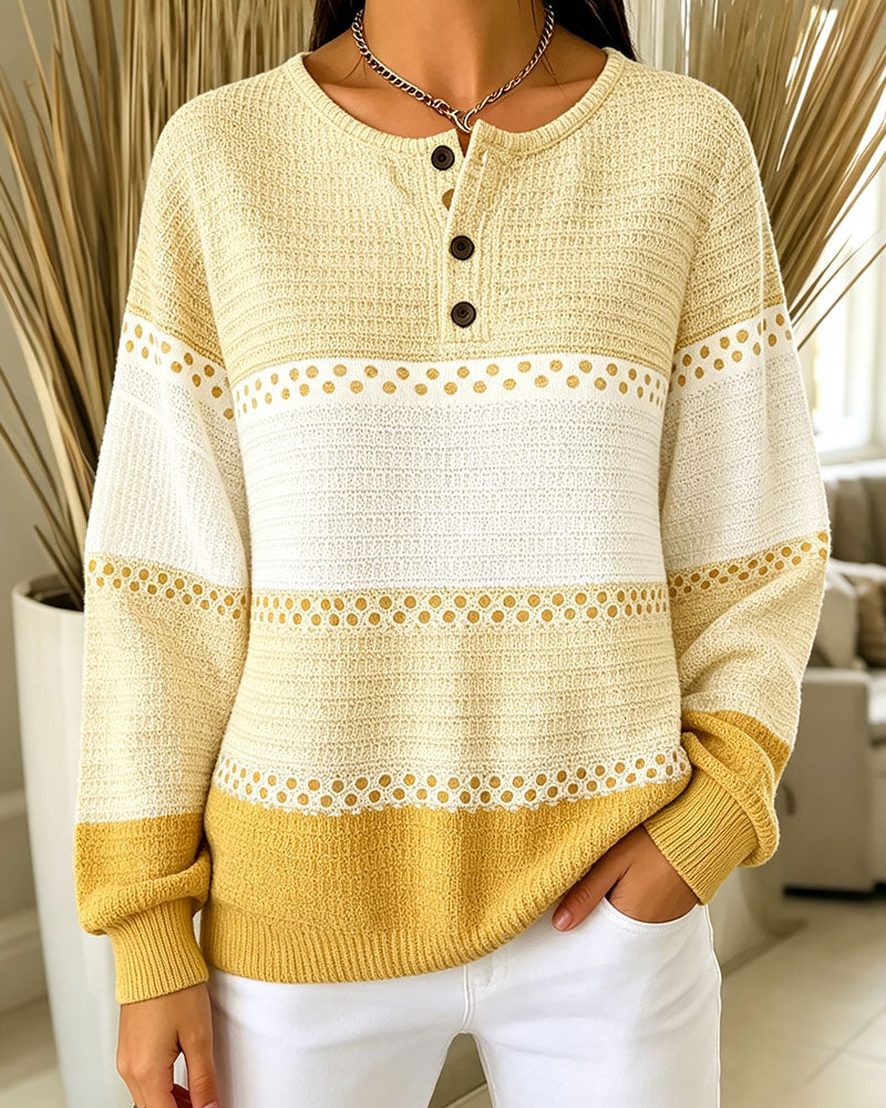Color Block Waffle Knit Henley Pullover Sweatshirt
