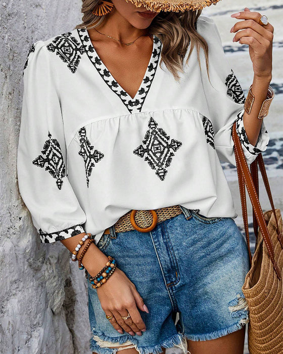V-Neck Diamond Print Three-Quarter Sleeve Blouse