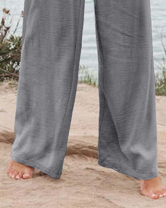 Button Elastic Waist Wide-Leg Pants