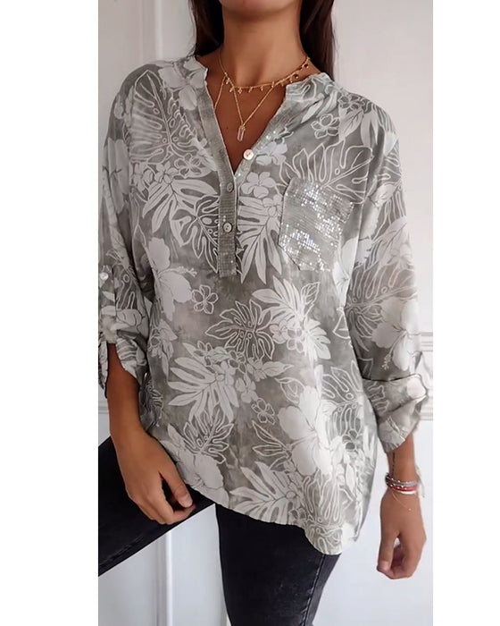 Patchwork sequined leaf print top