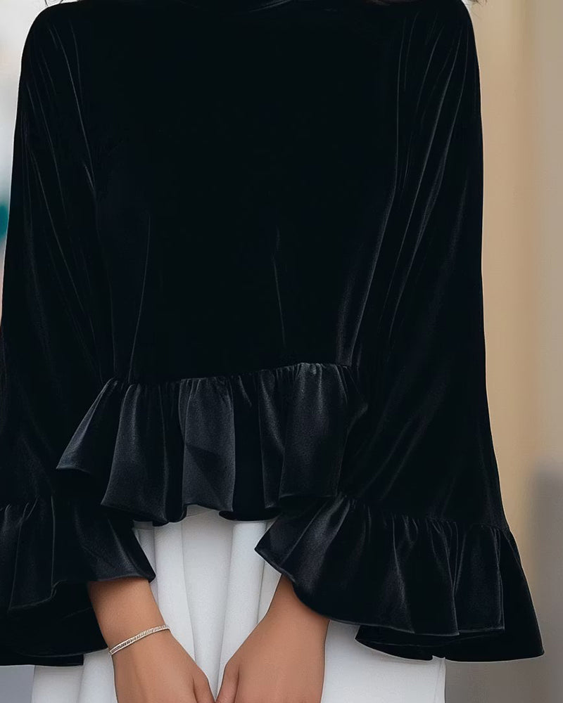 Crew Neck Ruffle Flare Sleeve Blouse