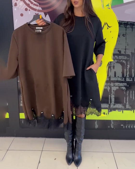 Elegant Lace Spliced Round Neck Dress