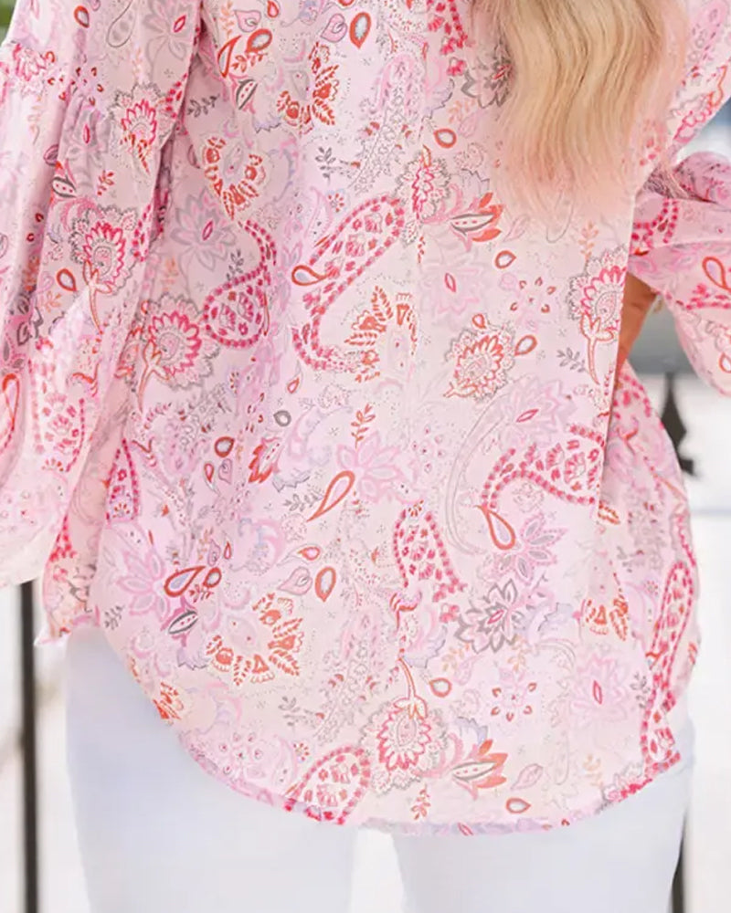 Lantern Sleeve Printed V-Neck Blouse
