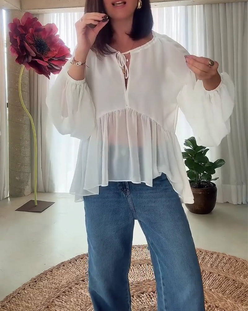 Drawstring V-Neck Puff-Sleeve Blouse