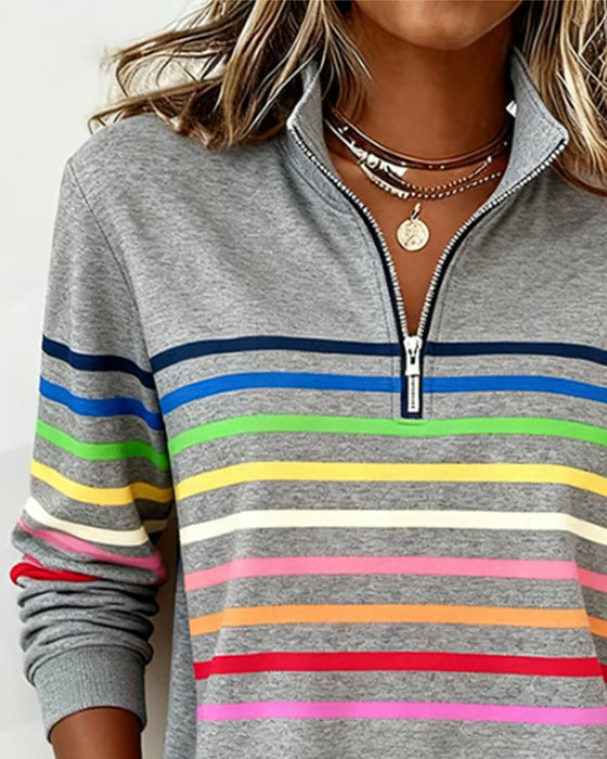 Half-Zip Collar Fashionable Rainbow Striped Sweatshirt