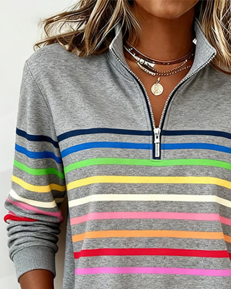 Half-Zip Collar Fashionable Rainbow Striped Sweatshirt