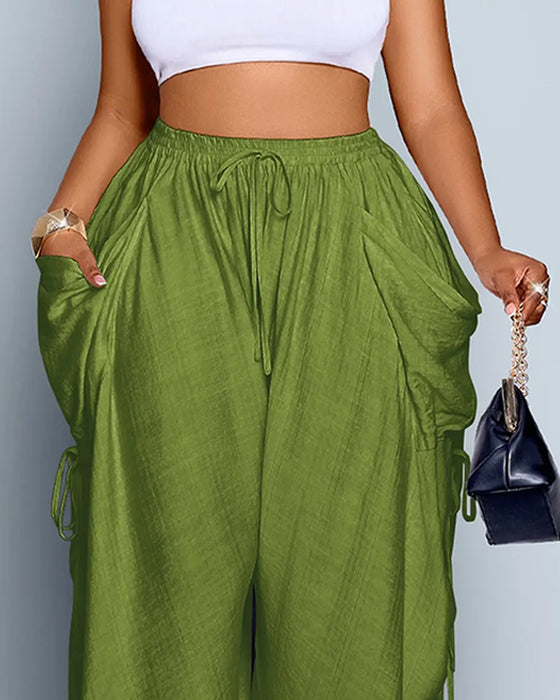 Solid Color Pleated High-Waist Wide-Leg Pants