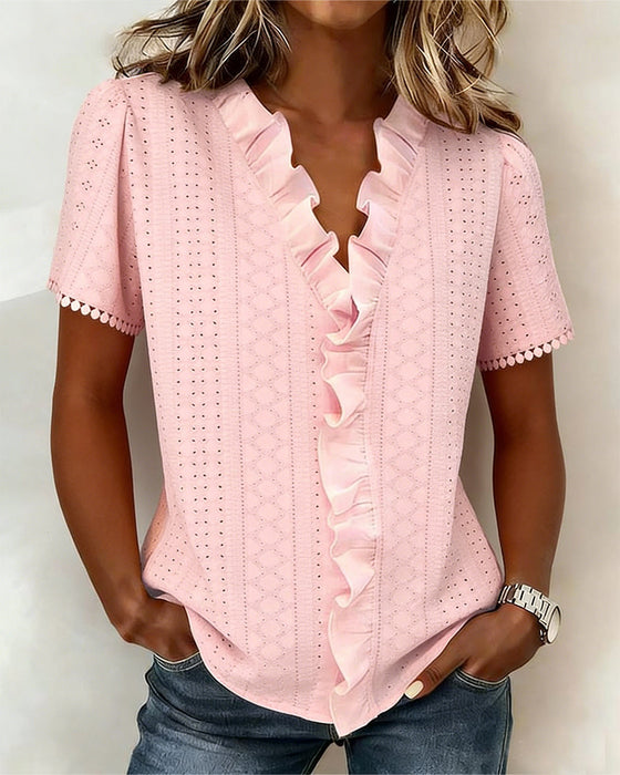 Ruffle V-Neck Short Sleeve Cut-Out Blouse