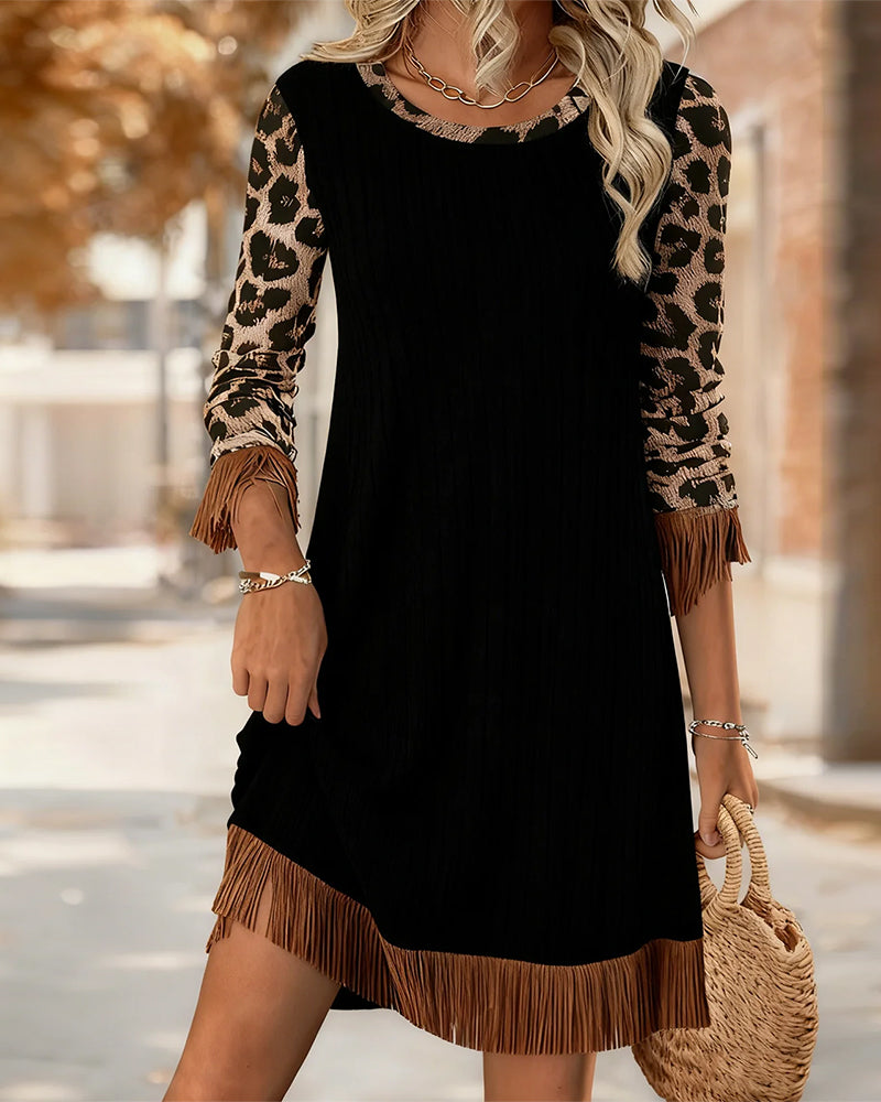 Casual Leopard Print Tassel Round Neck Dress