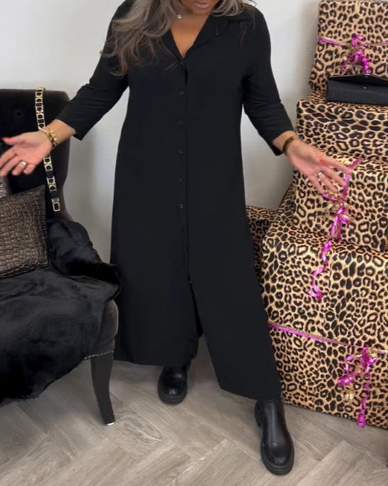 Buttoned V-neck solid color dress