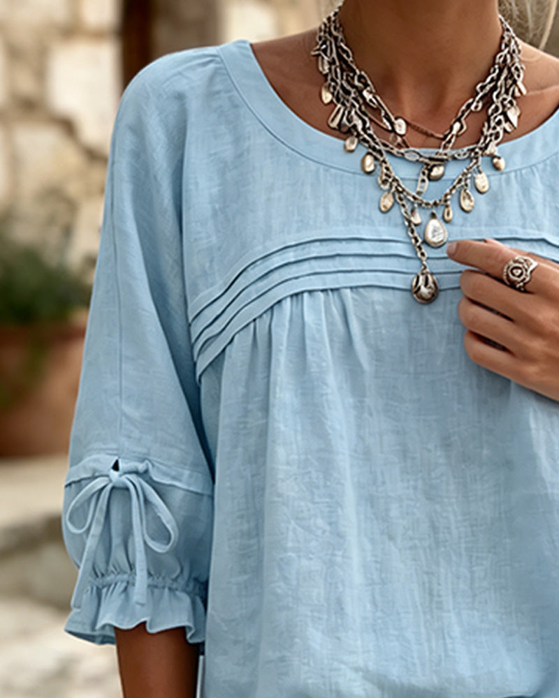 Puff Sleeve Bow Three-Quarter Sleeve Blouse