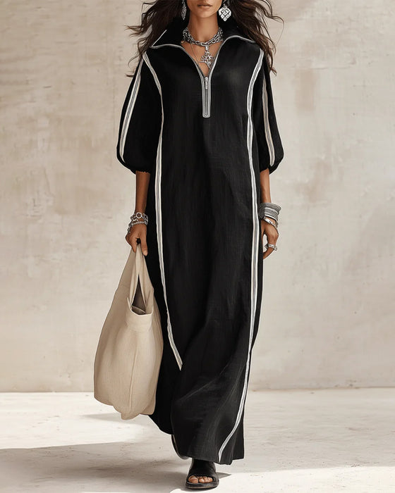 Stripe Zipper Lapel Full-Skirt Dress