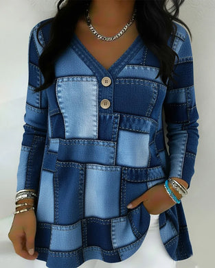 Button-Down V-Neck Plaid Top