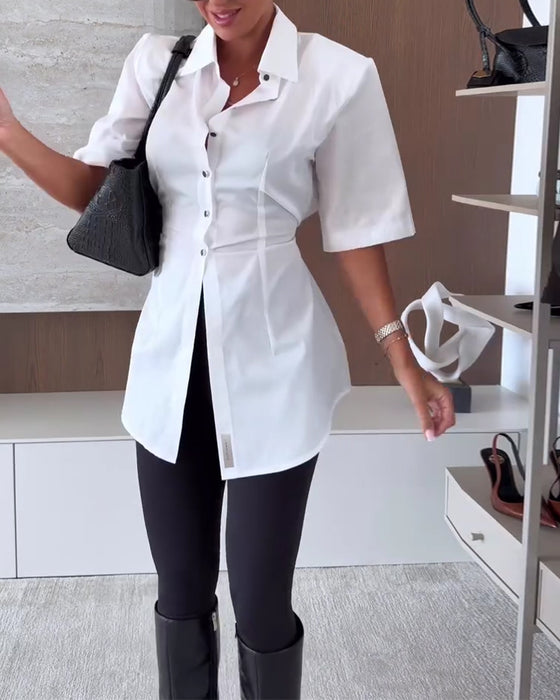 Fitted Elbow-Length Sleeve Lapel Long Shirt