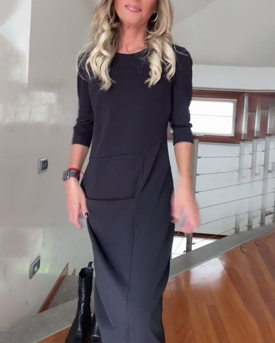 Round neck pleated solid color elegant dress