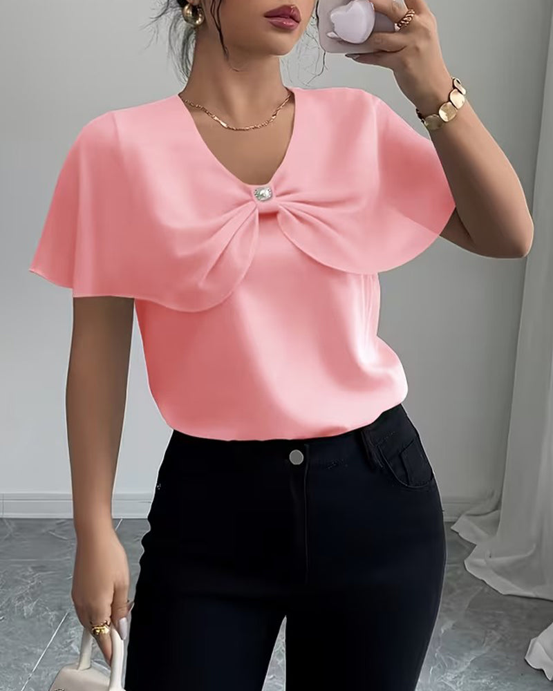 Solid Color Bow V-Neck Blouse