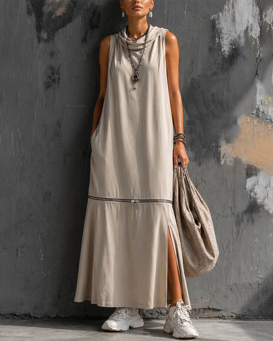 Cowl Neck Sleeveless Zipper Slit Dress